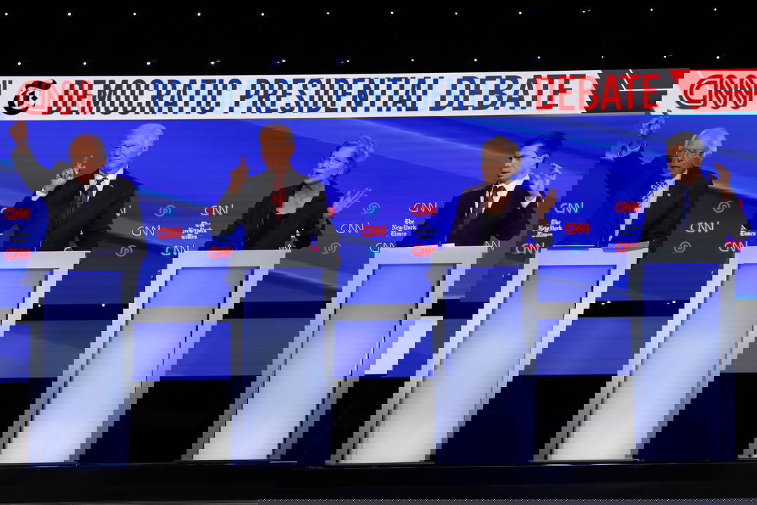 Bernie Sanders, Joe Biden, Elizabeth Warren, Pete Buttigieg at an Oct. 2019 presidential debate