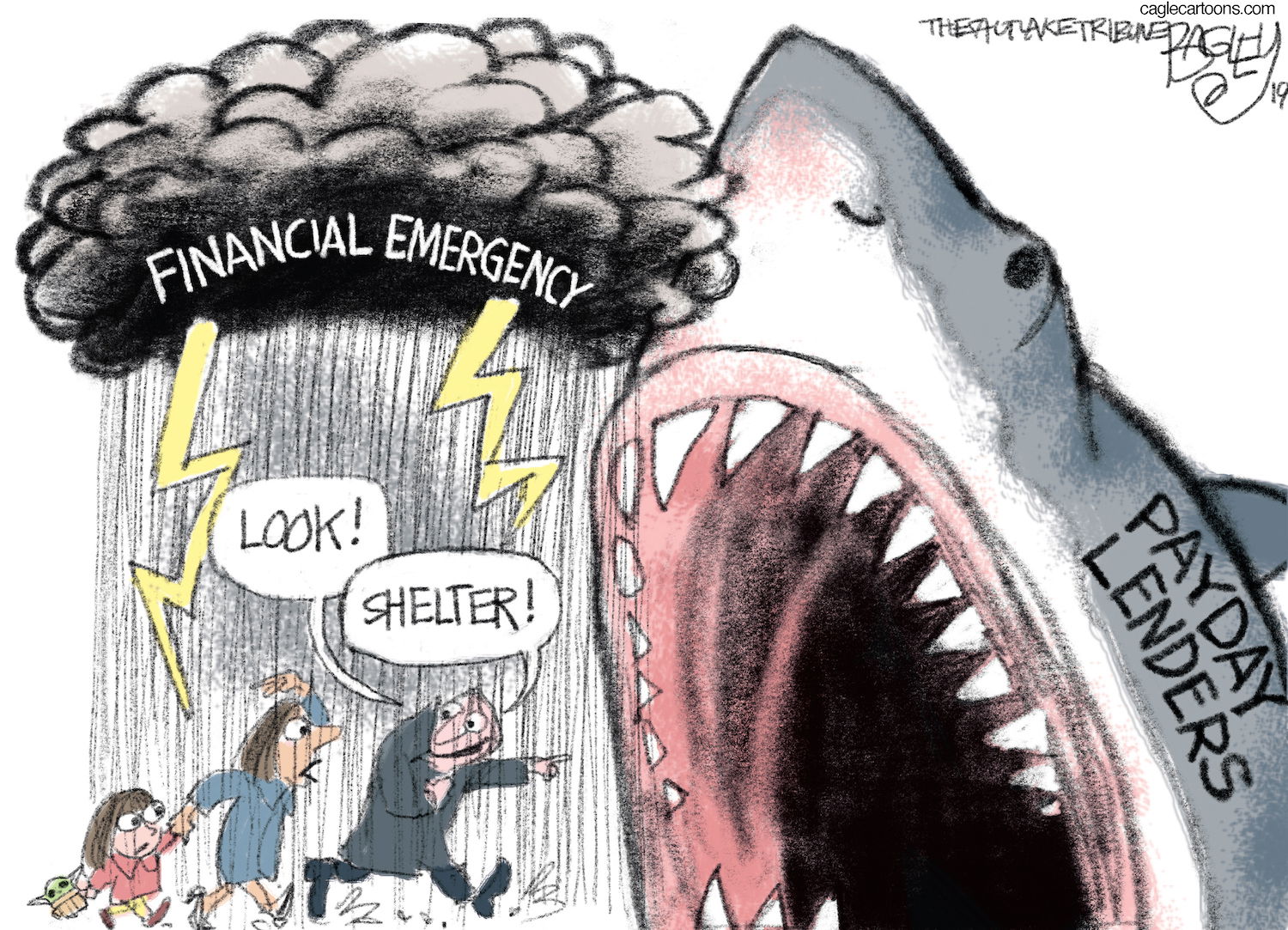 a cartoon of a people running towards the jaws of a shark