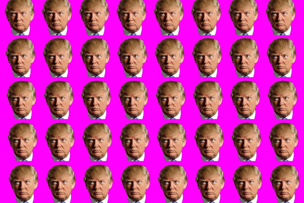 Designed image featuring a pattern of Donald Trump's head in the same pose against a pink background
