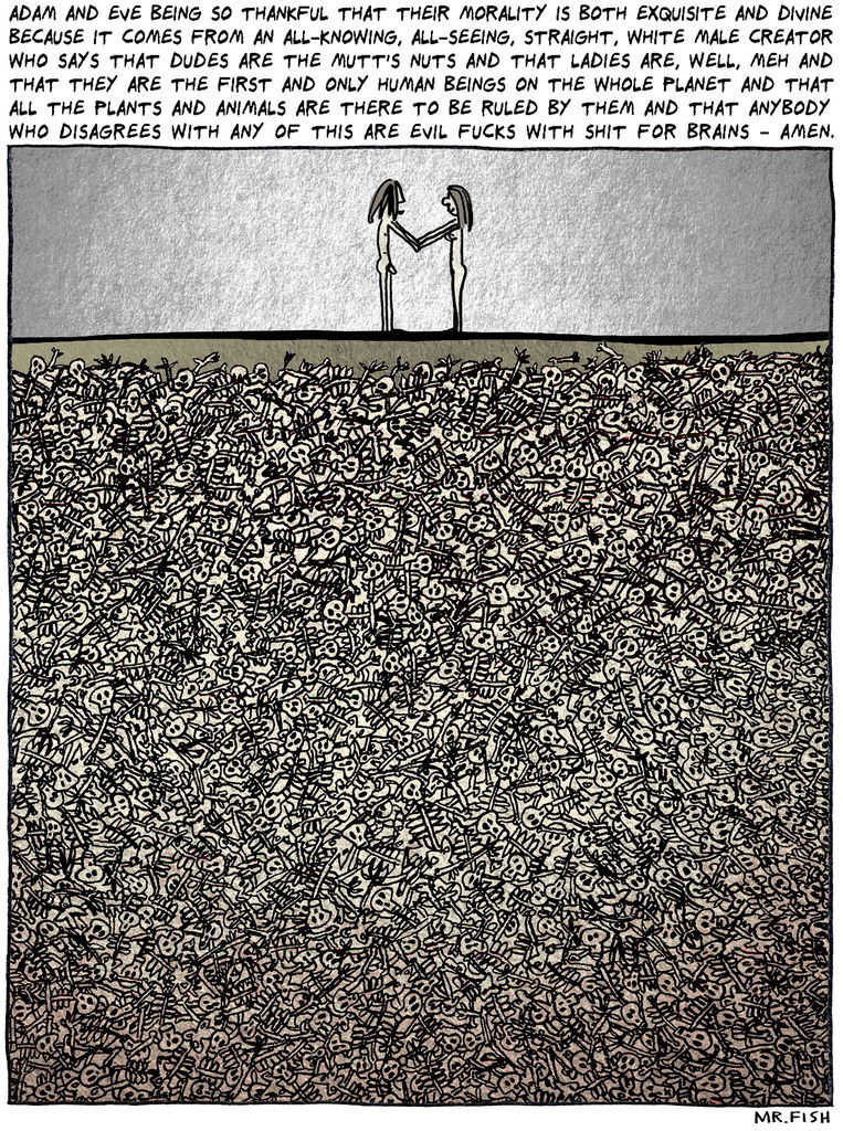 Political cartoon of Adam and Eve standing above a bunch of buried human bones