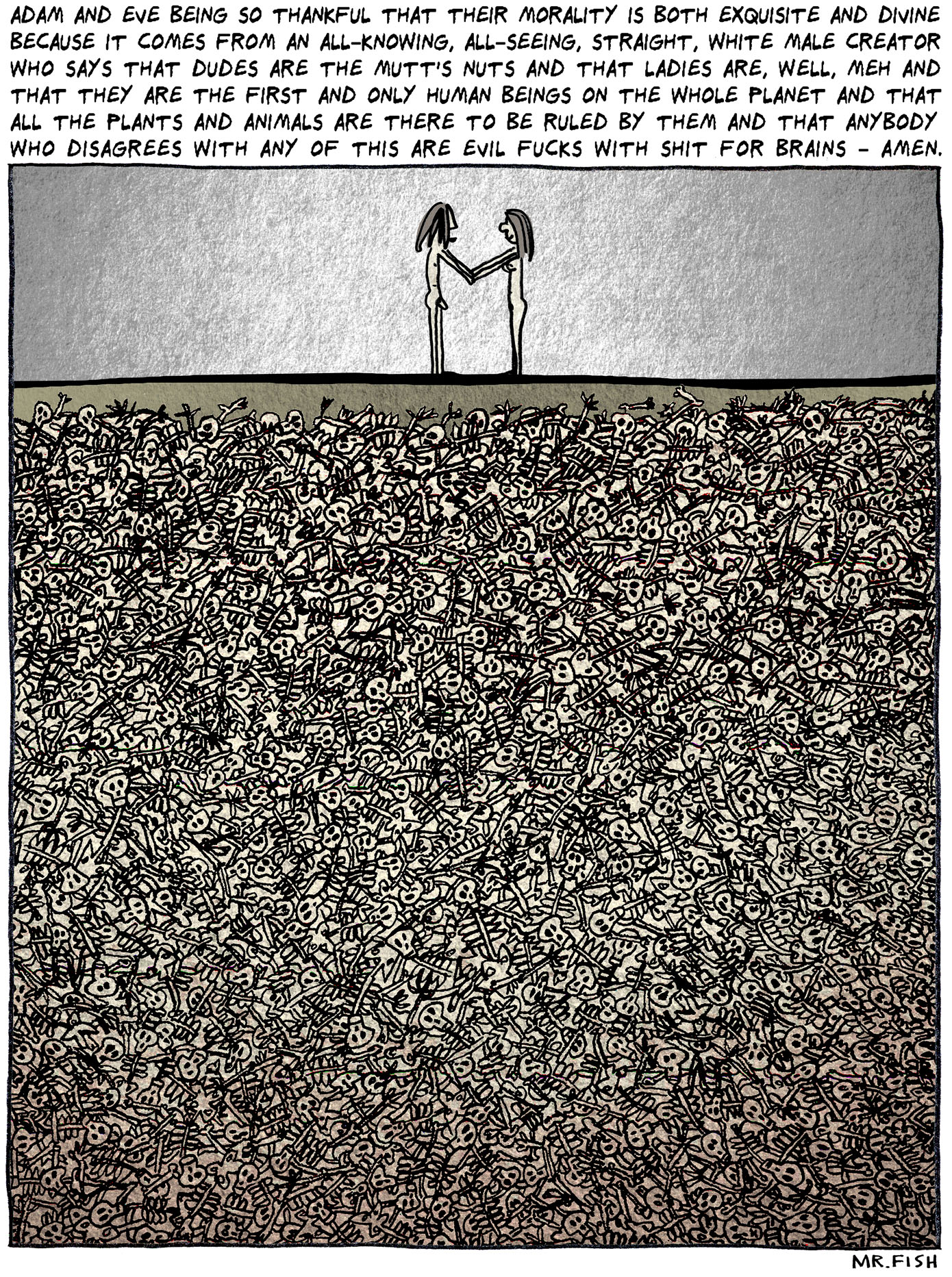 Political cartoon of Adam and Eve standing above a bunch of buried human bones
