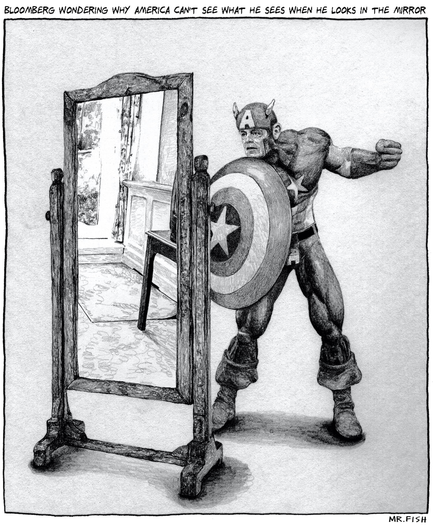 Cartoon of Michael Bloomberg dressed as Captain America