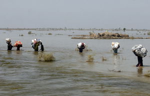 Five people wade through knee-deep water toward the shoreline carrying packages above their heads